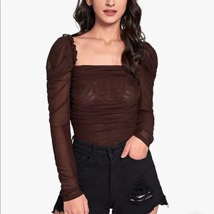 Mesh Sheer Top Square Neck Puff Sleeve Brown